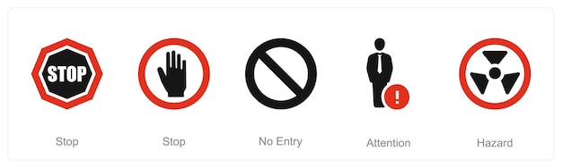 Un conjunto de 5 iconos de peligro de peligro como parada sin atención de entrada