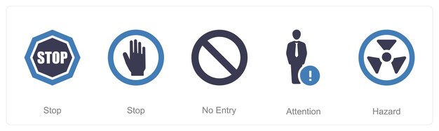 Un conjunto de 5 iconos de peligro de peligro como parada sin atención de entrada