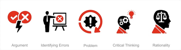 Un conjunto de 5 iconos de pensamiento crítico como argumento que identifica el problema de errores
