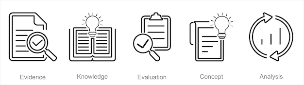 Un conjunto de 5 íconos de pensamiento crítico como evidencia de evaluación del conocimiento