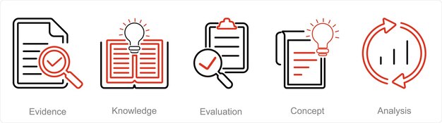Un conjunto de 5 íconos de pensamiento crítico como evidencia de evaluación del conocimiento