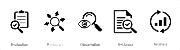 Un conjunto de 5 íconos de pensamiento crítico como observación de investigación de evaluación