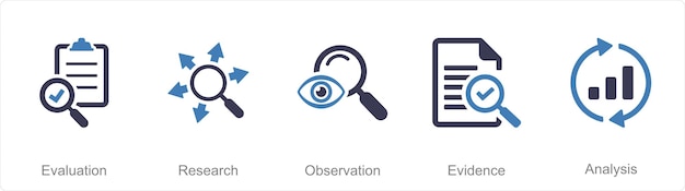 Un conjunto de 5 íconos de pensamiento crítico como observación de investigación de evaluación