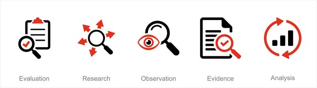 Un conjunto de 5 íconos de pensamiento crítico como observación de investigación de evaluación