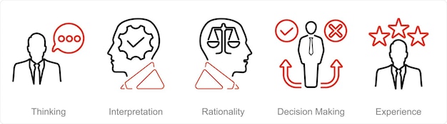 Un conjunto de 5 íconos de pensamiento crítico como pensamiento interpretación racionalidad