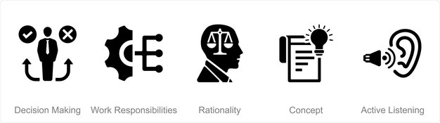 Un conjunto de 5 iconos de pensamiento crítico como toma de decisiones responsabilidades de trabajo racionalidad