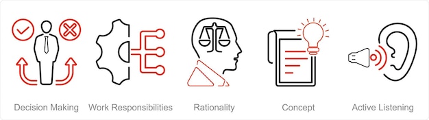 Un conjunto de 5 iconos de pensamiento crítico como toma de decisiones responsabilidades de trabajo racionalidad