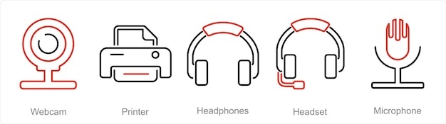 Un conjunto de 5 iconos de piezas de computadora como auriculares de impresora de cámara web