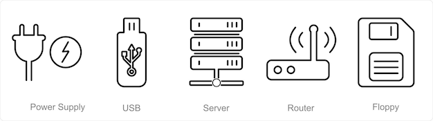 Un conjunto de 5 iconos de piezas de computadora como fuente de alimentación servidor usb