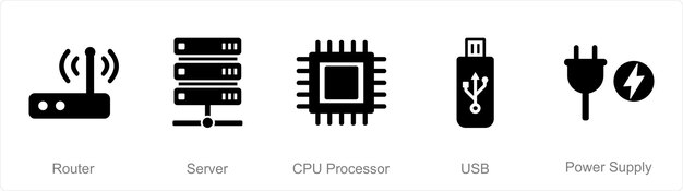 Un conjunto de 5 iconos de piezas de computadora como procesador de CPU del servidor enrutador