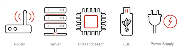 Un conjunto de 5 iconos de piezas de computadora como procesador de cpu del servidor del router