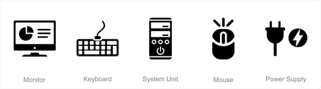 Un conjunto de 5 iconos de piezas de computadora como unidad de sistema de teclado de monitor