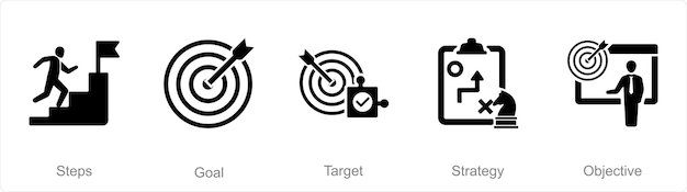 Un conjunto de 5 iconos de plan de acción como objetivo de pasos