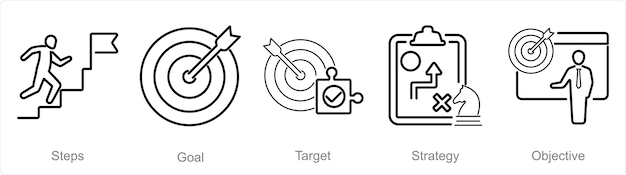 Un conjunto de 5 iconos de plan de acción como objetivo de pasos