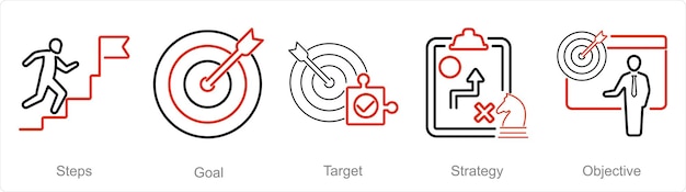 Un conjunto de 5 iconos de plan de acción como objetivo de pasos