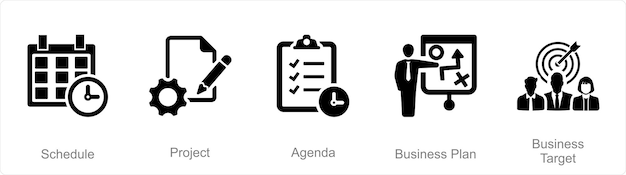 Un conjunto de 5 iconos de presentación de negocios como agenda de proyecto de programación