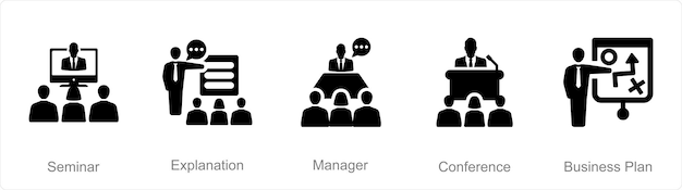 Un conjunto de 5 iconos de presentación de negocios como gerente de explicación de seminario