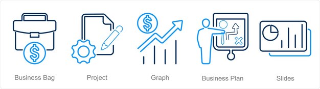 Un conjunto de 5 iconos de presentación de negocios como gráfico de proyecto de bolsa de negocios