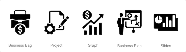 Un conjunto de 5 iconos de presentación de negocios como gráfico de proyecto de bolsa de negocios