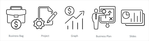 Un conjunto de 5 iconos de presentación de negocios como gráfico de proyecto de bolsa de negocios
