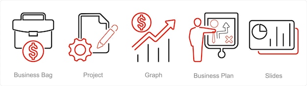 Un conjunto de 5 iconos de presentación de negocios como gráfico de proyecto de bolsa de negocios