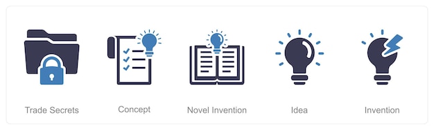 Un conjunto de 5 iconos de Propiedad Intelectual como secretos comerciales nueva idea de invención