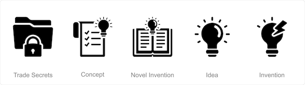 Un conjunto de 5 iconos de Propiedad Intelectual como secretos comerciales nueva idea de invención