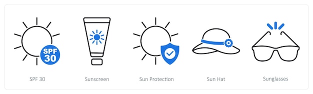 Un conjunto de 5 iconos de protección solar como protección solar SPF 30