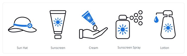 Un conjunto de 5 iconos de protección solar como el sombrero de protección solar