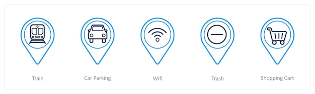 Un conjunto de 5 iconos de puntero de ubicación como aparcamiento de trenes wifi