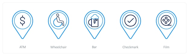 Un conjunto de 5 iconos de puntero de ubicación como barra de silla de ruedas ATM