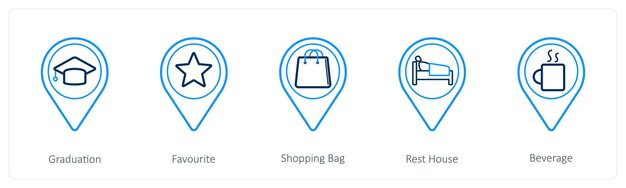 Un conjunto de 5 iconos de puntero de ubicación como bolsa de compras favorita de graduación