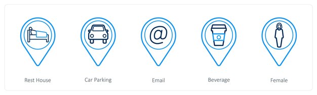 Un conjunto de 5 iconos de puntero de ubicación como correo electrónico de estacionamiento de automóviles de la casa de descanso