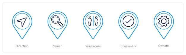 Un conjunto de 5 iconos de puntero de ubicación como dirección de búsqueda de baño