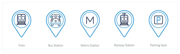Un conjunto de 5 iconos de puntero de ubicación como estación de autobús de tren estación de metro