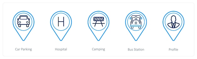 Un conjunto de 5 iconos de puntero de ubicación como estacionamiento de automóviles hospital campamento