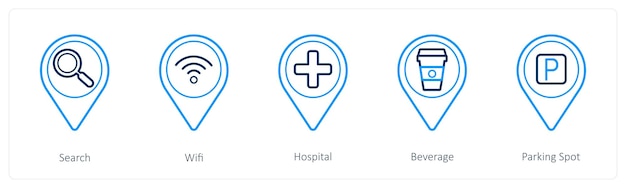 Un conjunto de 5 iconos de puntero de ubicación como hospital de búsqueda wifi