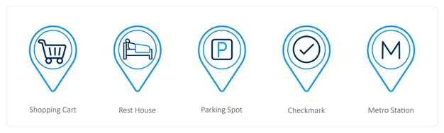 Un conjunto de 5 iconos de puntero de ubicación como lugar de estacionamiento de la casa de descanso del carrito de compras