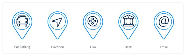 Un conjunto de 5 iconos de puntero de ubicación como película de dirección de estacionamiento de automóviles