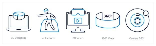 Un conjunto de 5 íconos de realidad virtual como diseño 3D de plataforma VR video 3D