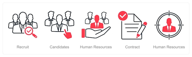 Un conjunto de 5 iconos de reclutamiento como candidatos de reclutamiento de recursos humanos