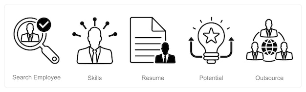 Vector un conjunto de 5 iconos de reclutamiento como cv de habilidades de búsqueda de empleados