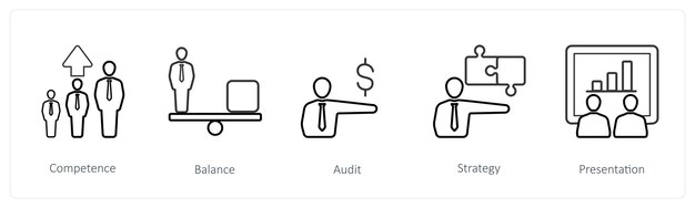 Un conjunto de 5 iconos de recursos humanos, como la auditoría del equilibrio de competencias