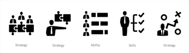 Un conjunto de 5 iconos de recursos humanos, como la capacidad y las habilidades de estrategia