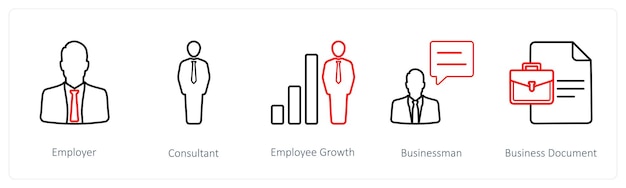Un conjunto de 5 iconos de recursos humanos, como el consultor de empleadores y el crecimiento de los empleados
