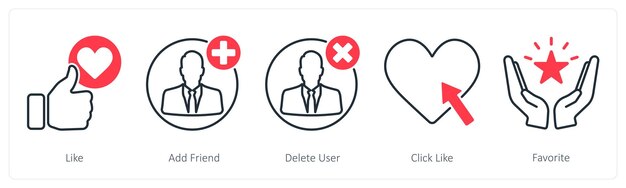 Un conjunto de 5 iconos de redes sociales como agregar amigo borrar usuario