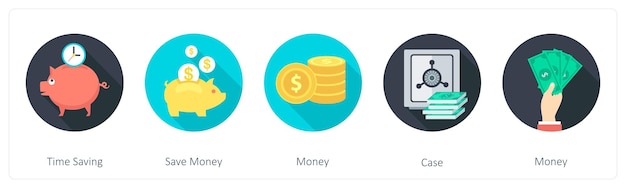 Un conjunto de 5 iconos redondos de compras 1x5 para ahorrar tiempo, ahorrar dinero.