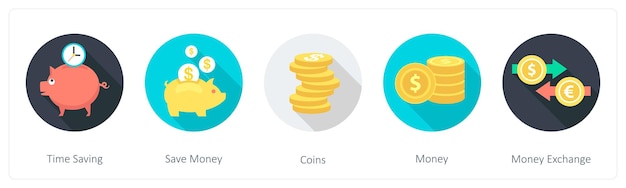 Un conjunto de 5 iconos redondos de compras 1x5 para ahorrar tiempo y ahorrar monedas