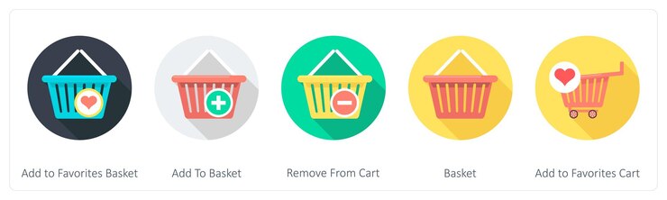 Vector un conjunto de 5 iconos redondos de compras 1x5 como agregar a la canasta favorita agregar a la canasta quitar de la canasta
