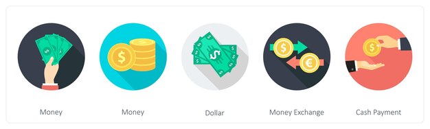 Un conjunto de 5 iconos redondos de compras 1x5 como cambio de dinero en dólares